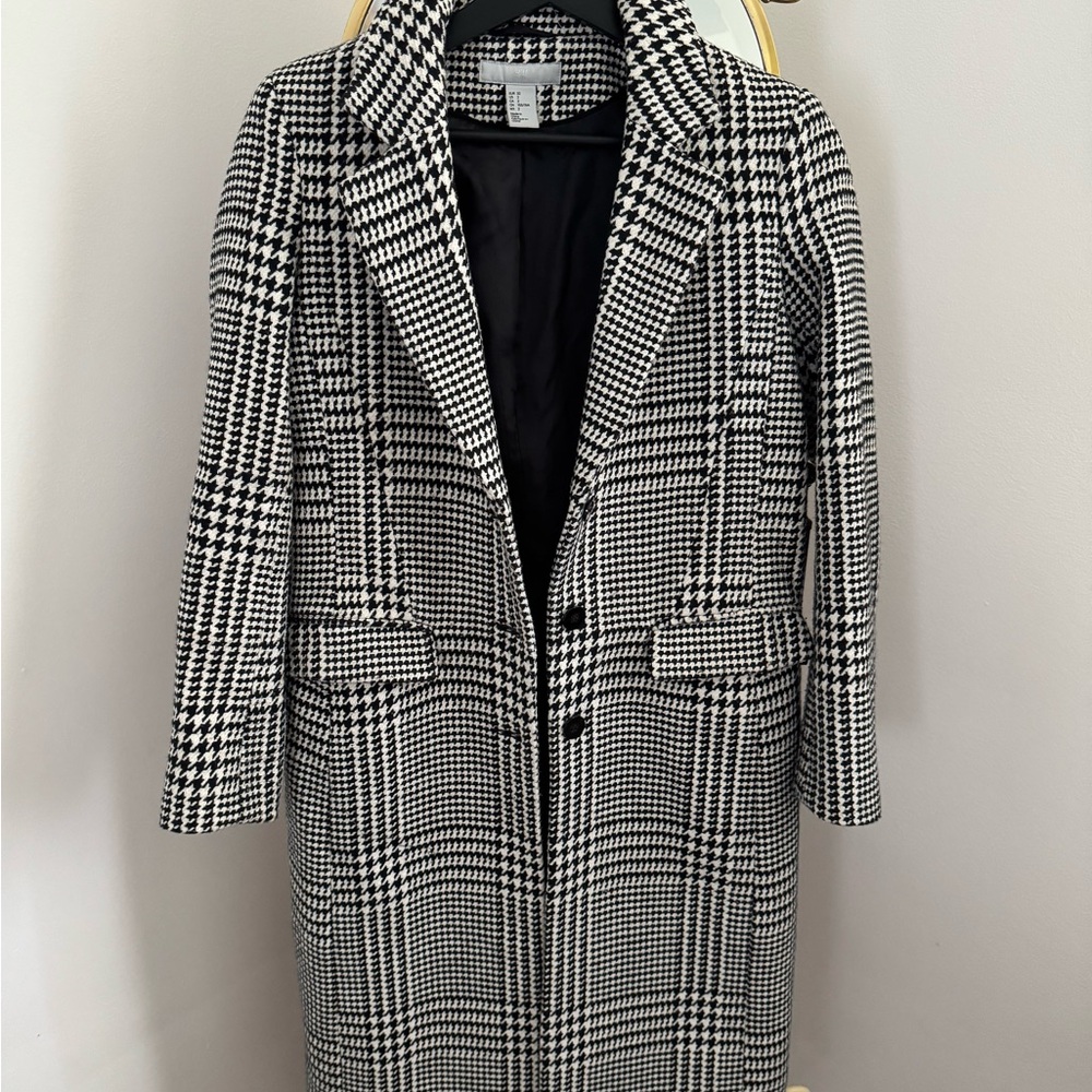 H&M Monochrome Houndstooth Long Full length coat